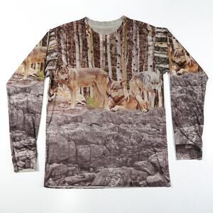 Get A Life Forest Trees Wolf Long Sleeve Tee Animal Dog T-Shirt Medium Brown Tan